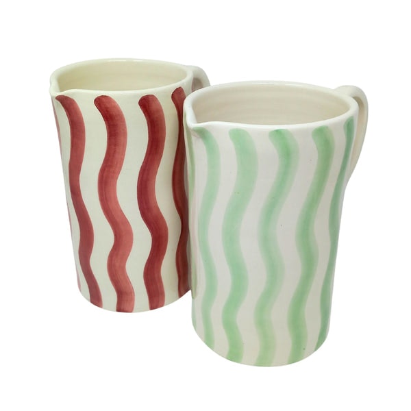 Red Ceramic Jug Handcrafted With Painted Wave Pattern by Artisan Stories