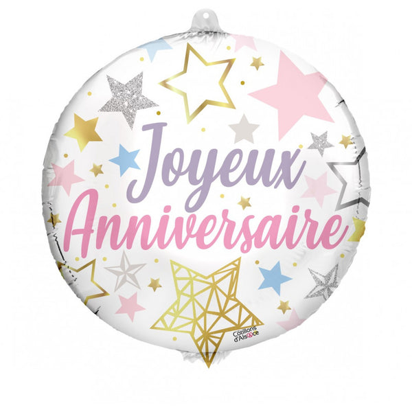 Cotillons Alsace - Foil Balloon 45cm Happy Birthday Stars
