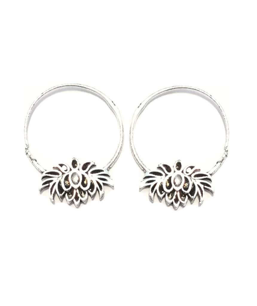 Urbiana - Lotus Flower Hoops Earrings - Silver