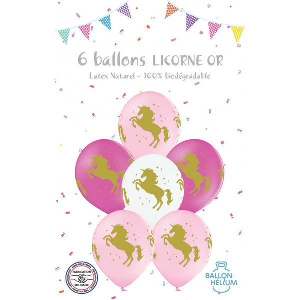 Cotillons Alsace - 6 Ballons Latex Licorne Or 30 Cm