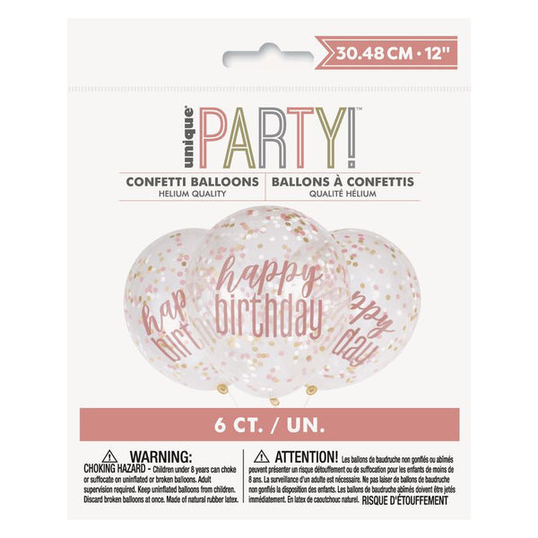 Unique - (84926) 6 Ballons Happy Birthday 30 Cm With Confettis - Rose Gold