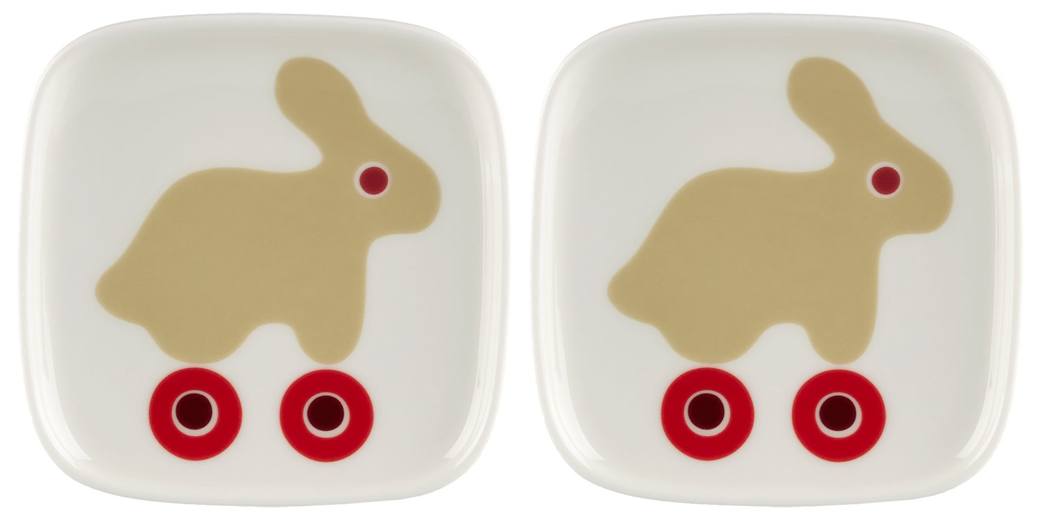 Marimekko - Small Square Flashes In 2 Set Of Rabbit Drawing On Rolling Skates - White/white - White | Beige & Cream