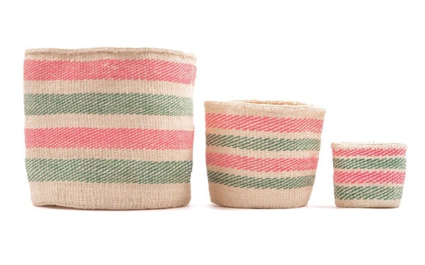 12m Light Pink and Green Stripe Alama Woven Basket by The Basket Room