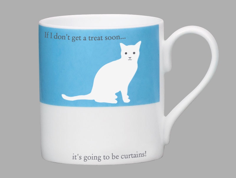 Curtains Bone China Cat Mug Blue by Repeat Repeat