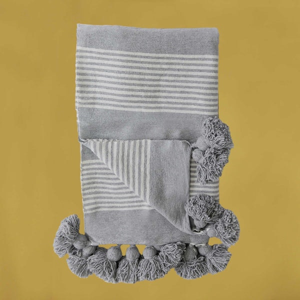 White Grey striped Pom Pom Throw Standard by Artisan Stories