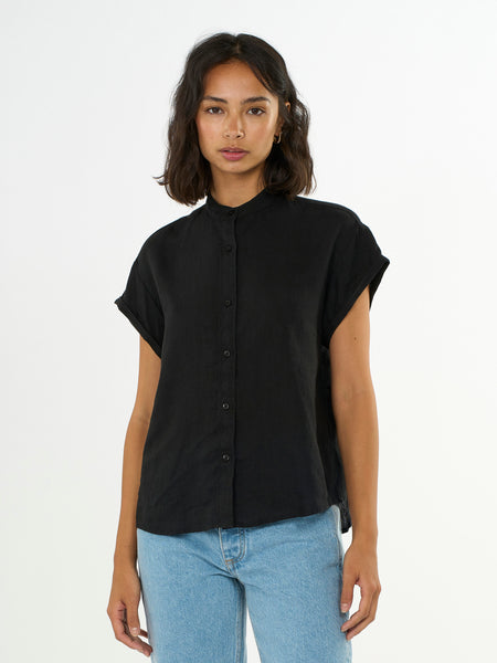 Knowledge Cotton Apparel - Black Collar Stand Linen Shirt - S