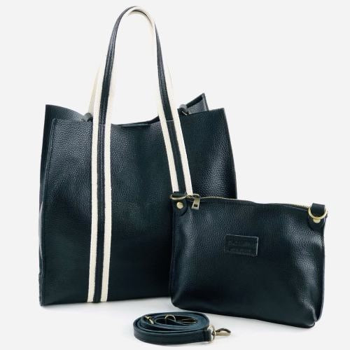 Marlon - Leather Shopper With Pop Stripe - Black