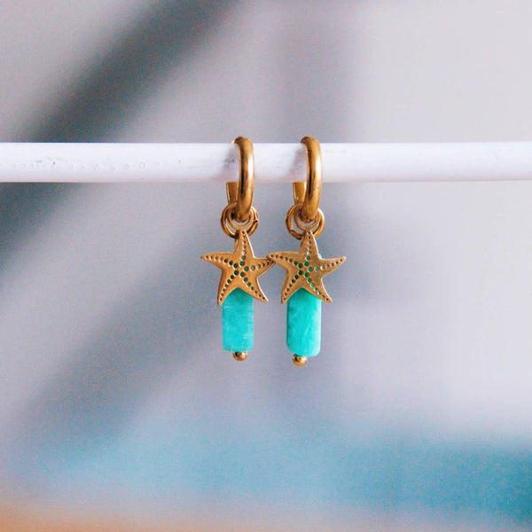Bazou - Steel Hoop Earrings With Gemstone Tube And Starfish - Mint