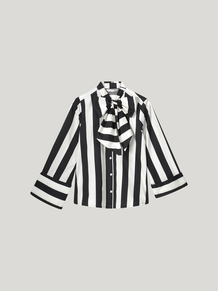 Summum - Stripe Printed Blouse With Bow Black & Ivory - Uk 12