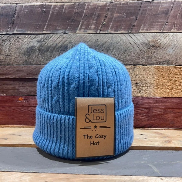 Jess And Lou Cornflower Cable Unisex Beanie In Blue