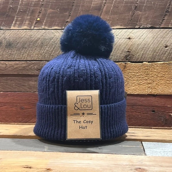 Jess And Lou Navy Cable Unisex Bobble Hat In Blue