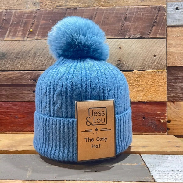 Jess And Lou Cornflower Cable Unisex Bobble Hat In Blue