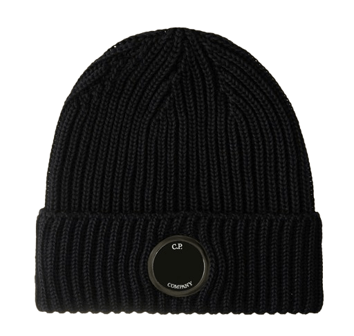 C.p. Company Extra Fine Merino Wool Lens Beanie Total Eclipse In Black