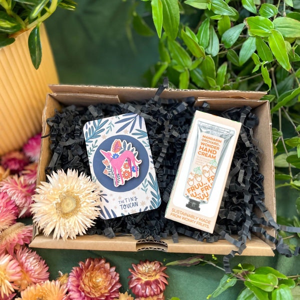 Dinosaur / Mandarin Orchard Wonky Fruit Hand Cream And Illustrated Pin Gift Set | Vegan | Uk Brands | Supporting Indies by Sprouts of Bristol