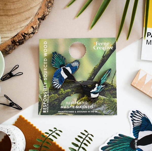 Wooden Magpie Illustrated Magnets - Set Of 2 by Ferne Creative